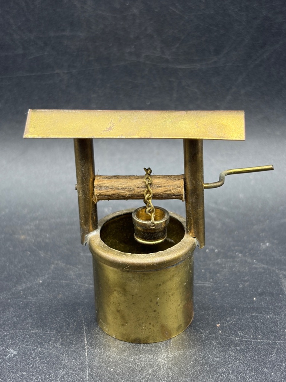 Vintage Brass Wishing Well Figurine with Bucket on Chain & Articulated Handle